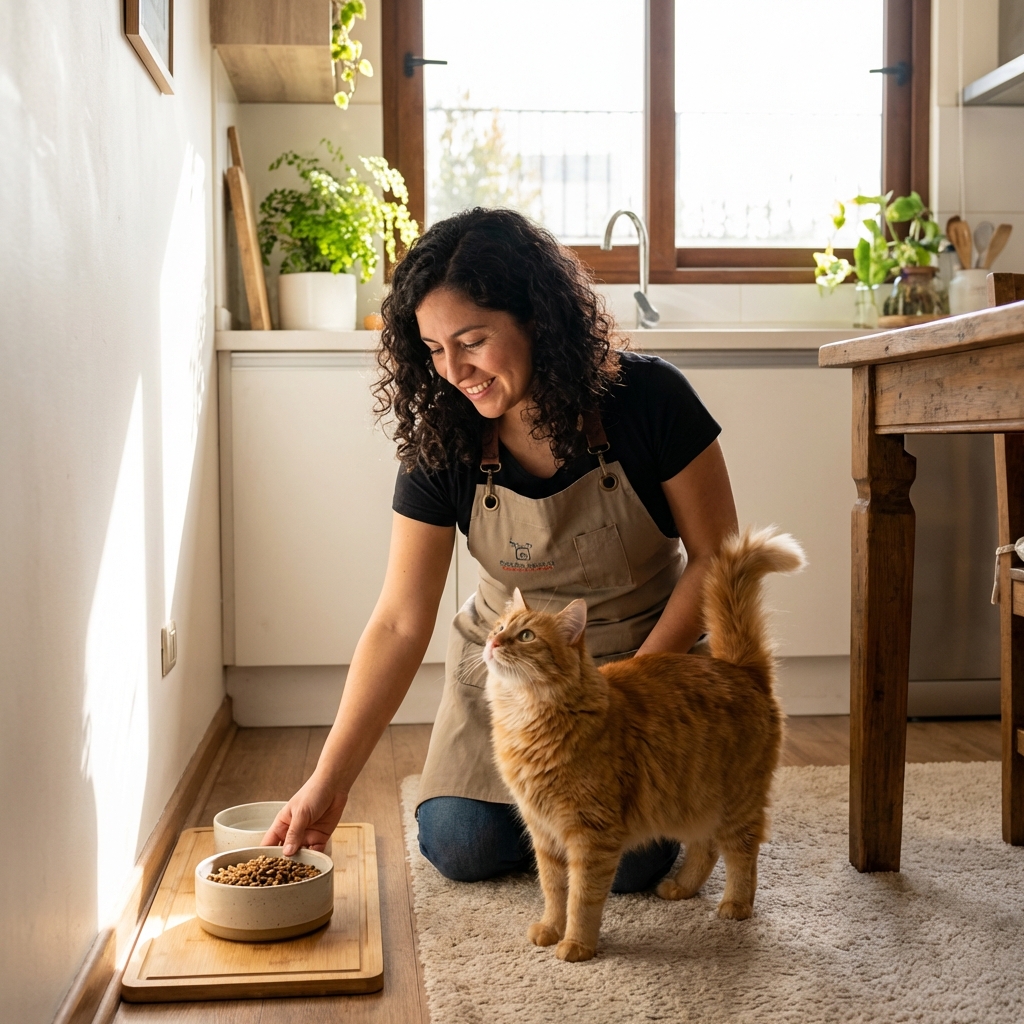Cuidador alimentando gato con cariño en hogar