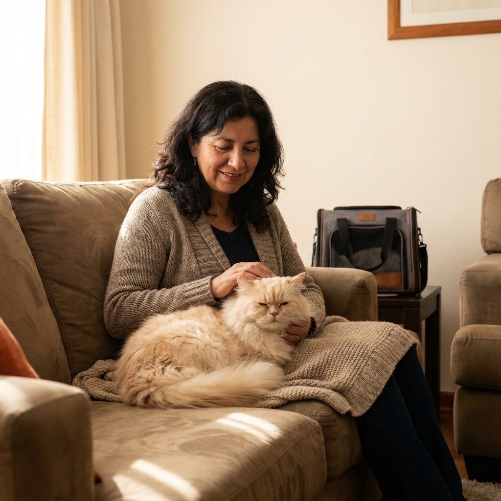 Cuidador dando cariño a gato en sofá