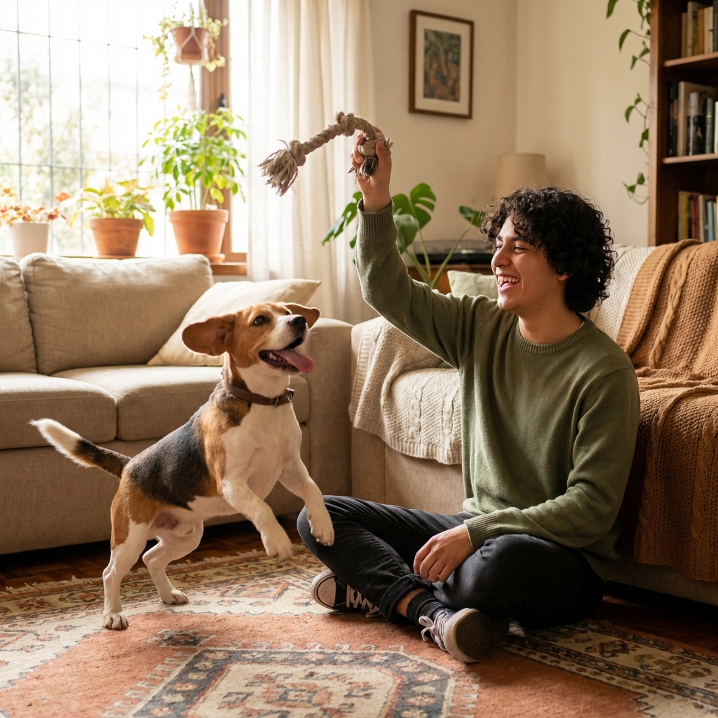 Cuidador jugando con perro energético en sala