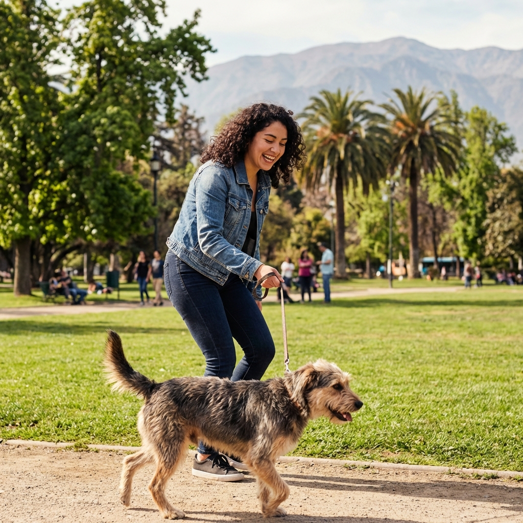 Cuidador profesional paseando perro feliz en parque de Santiago
